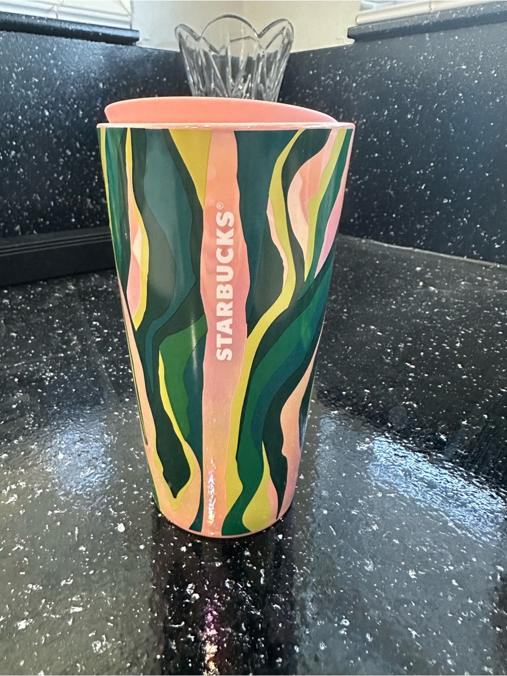 Starbucks Ceramic Tumbler in Pink, Green & Yellow Wave Motif